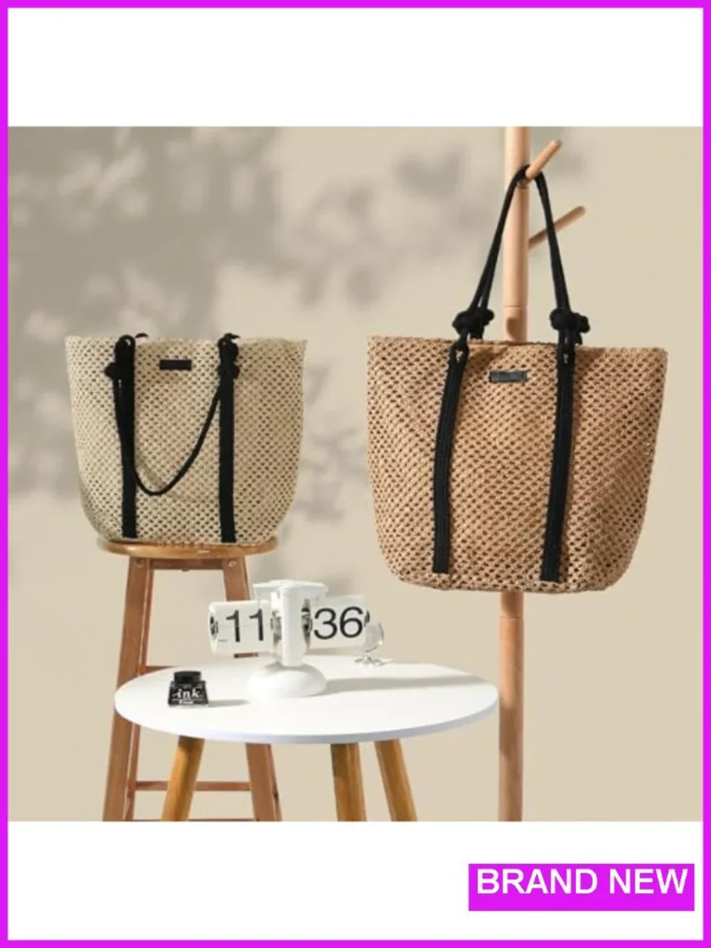Large Woven Straw Beach Tote Shoulder Bag with Zipper Lining